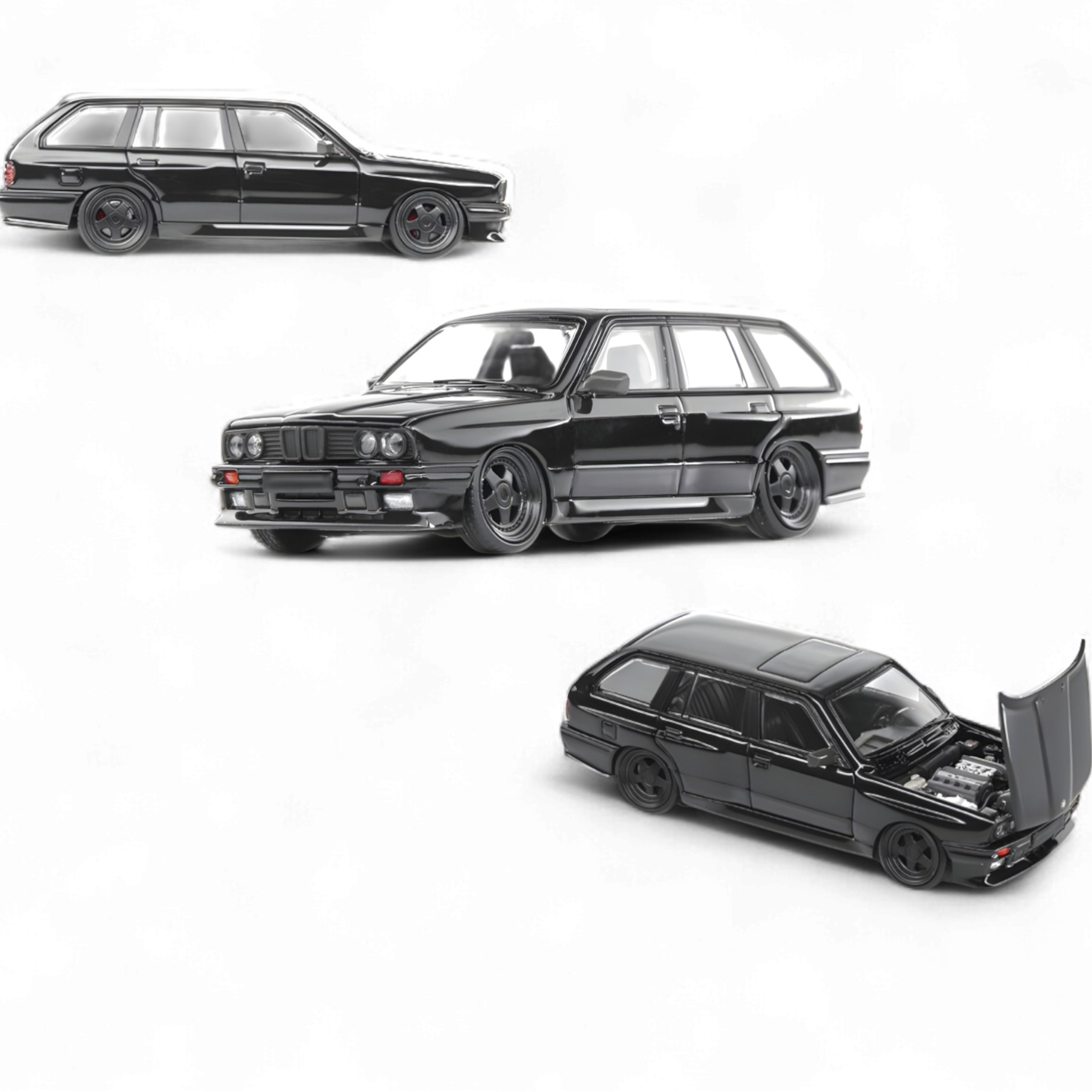 BMW E30 Crock - Openable Hood - Cambered in Full Black 1:64 by Mortal