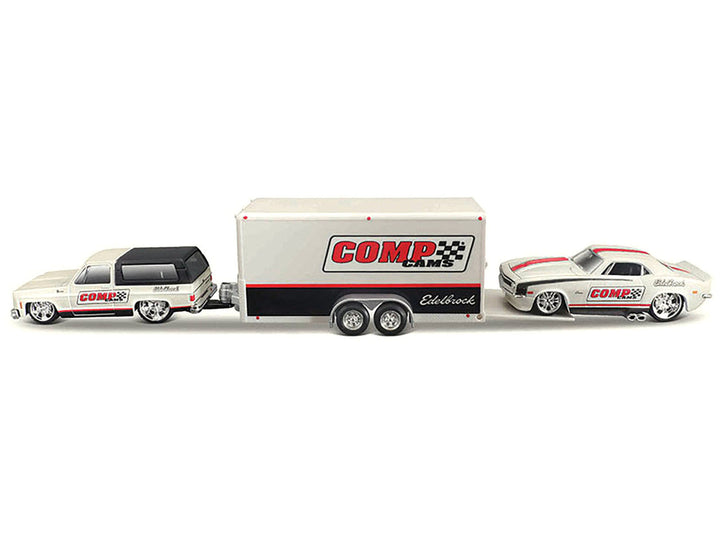 1979 Chevrolet K5 Blazer White and Black and 1968 Chevrolet Camaro Z/28 White with Stripes with Enclosed Car Trailer "Comp Cams - Edlebrock" "Team Haulers" Series 1/64 Diecast Model Car by Maisto-1