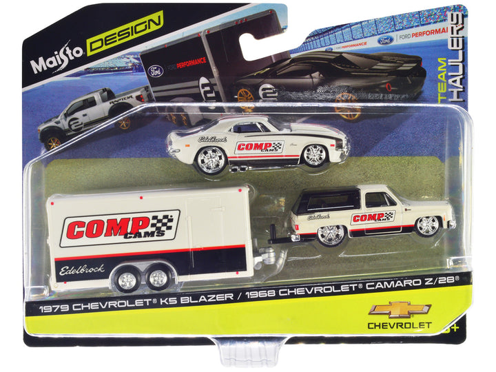 1979 Chevrolet K5 Blazer White and Black and 1968 Chevrolet Camaro Z/28 White with Stripes with Enclosed Car Trailer "Comp Cams - Edlebrock" "Team Haulers" Series 1/64 Diecast Model Car by Maisto-0