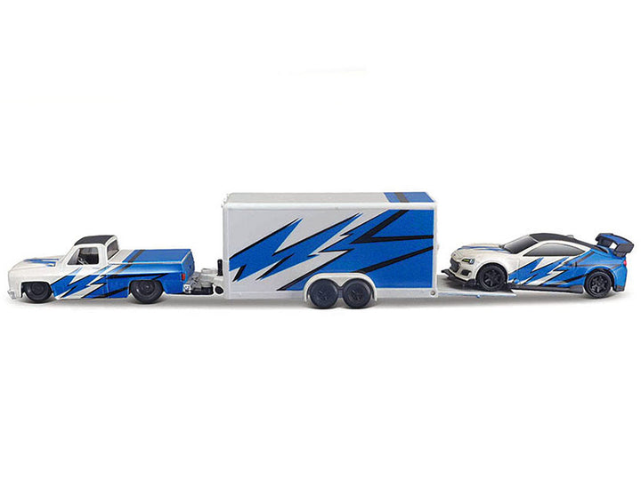 1987 Chevrolet 1500 Pickup Truck White with Blue Graphics and 2019 Subaru BRZ White with Blue Graphics with Enclosed Car Trailer "Team Haulers" Series 1/64 Diecast Model Car by Maisto-1