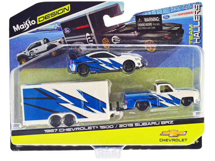 1987 Chevrolet 1500 Pickup Truck White with Blue Graphics and 2019 Subaru BRZ White with Blue Graphics with Enclosed Car Trailer "Team Haulers" Series 1/64 Diecast Model Car by Maisto-0