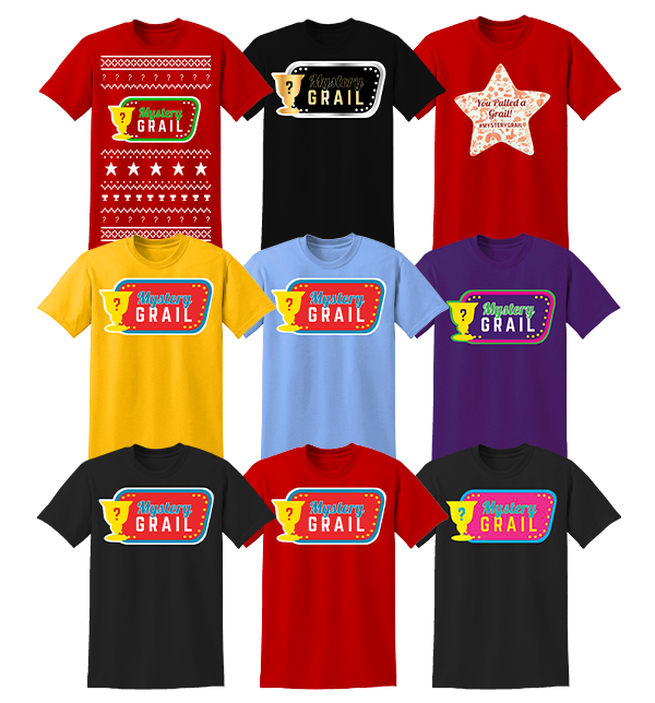 Collection of t-shirts with 'Mystery Grail' design in various colors 