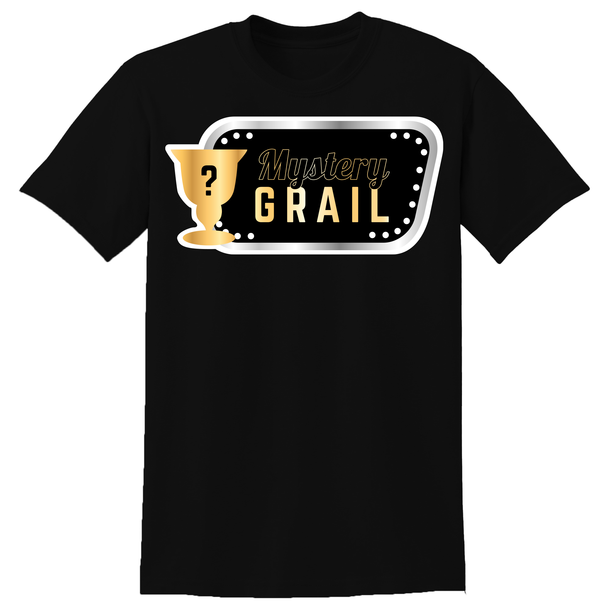 Collection of t-shirts with 'Mystery Grail' design in various colors  3