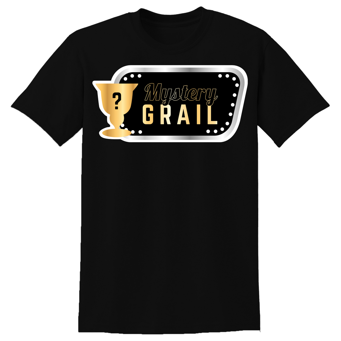 Collection of t-shirts with 'Mystery Grail' design in various colors  3