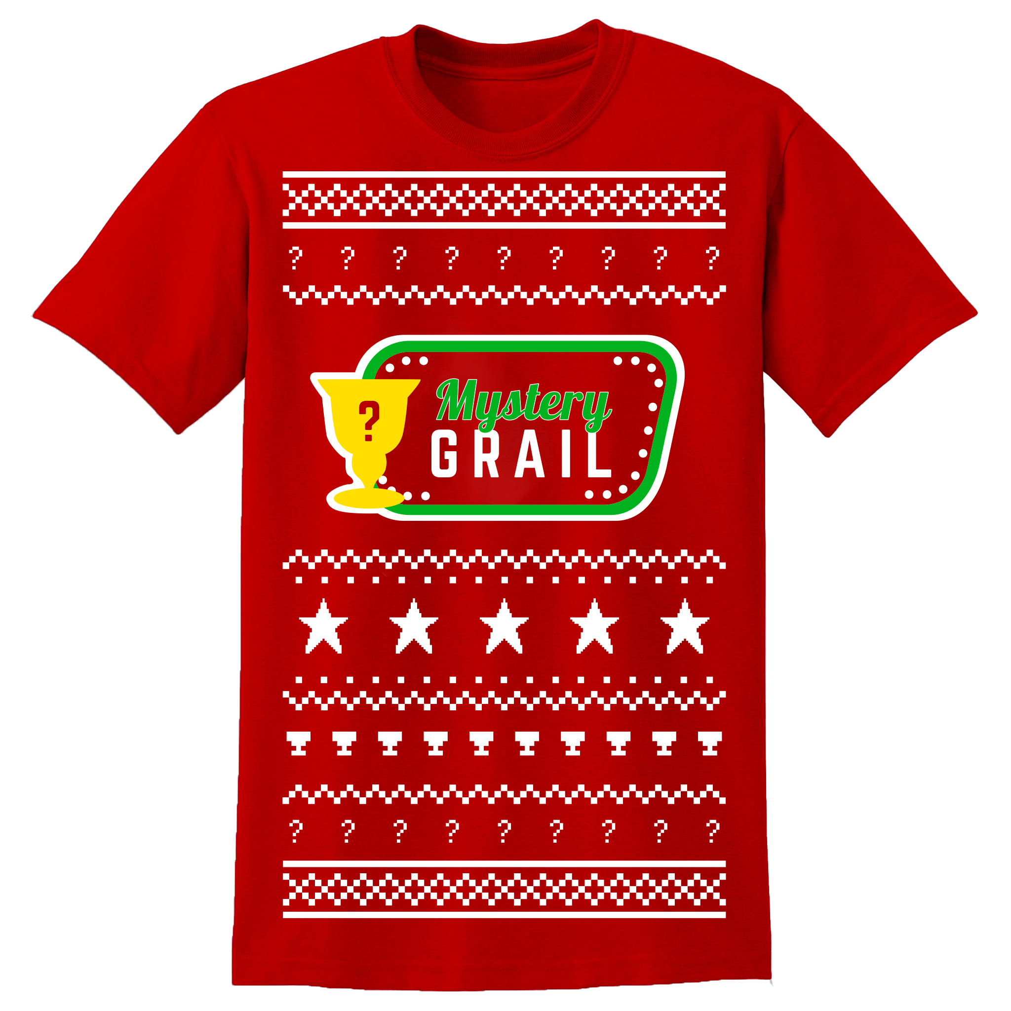 Collection of t-shirts with 'Mystery Grail' design in various colors  2