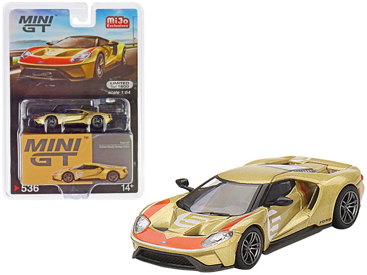 Ford GT #5 "Holman Moody Heritage Edition" Gold Metallic with Red Accents Limited Edition to 1800 pieces Worldwide 1/64 Diecast Model Car by Mini GT-0