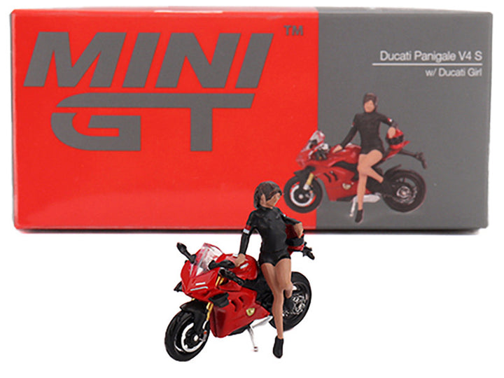 Ducati Panigale V4 S Motorcycle Red with Ducati Girl Figure Limited Edition 1/64 Diecast Model by Mini GT-1