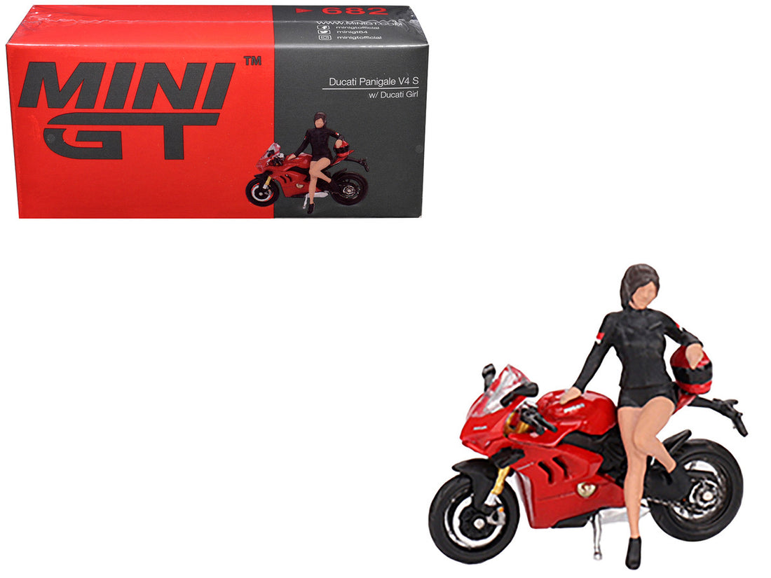 Ducati Panigale V4 S Motorcycle Red with Ducati Girl Figure Limited Edition 1/64 Diecast Model by Mini GT-3