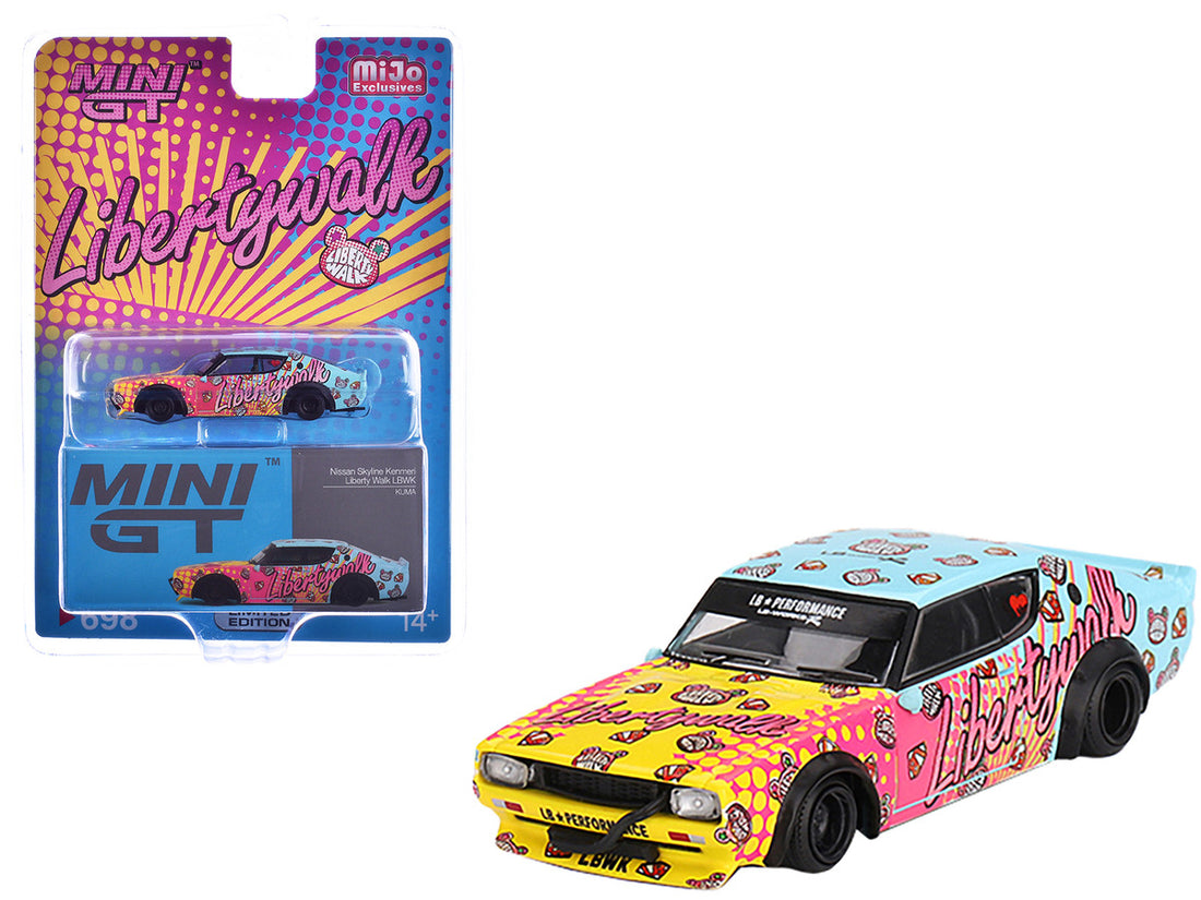 Nissan Skyline Kenmeri "Liberty Walk" RHD (Right Hand Drive) "KUMA" Light Blue and Yellow with Graphics Limited Edition 1/64 Diecast Model Car by Mini GT-2