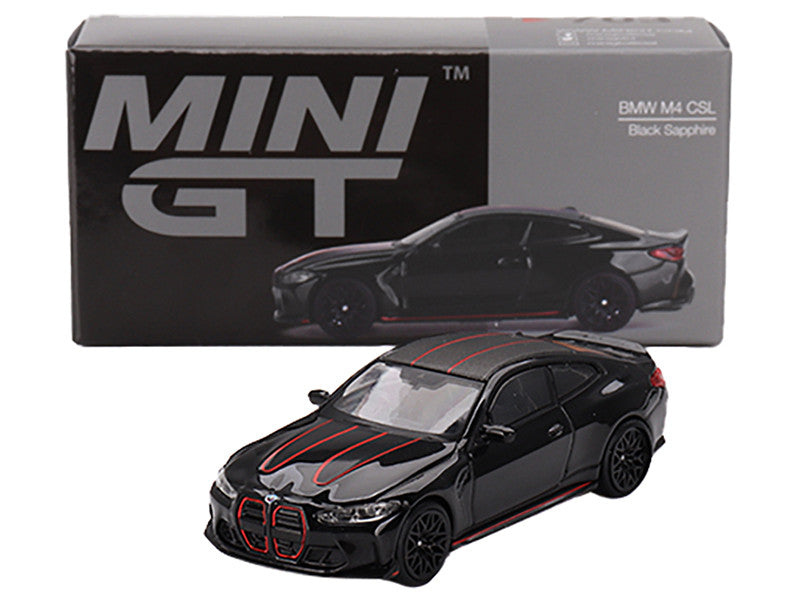 BMW M4 CSL Black Sapphire with Carbon Top and Red Stripes Limited Edition to 2760 pieces Worldwide 1/64 Diecast Model Car by Mini GT-0