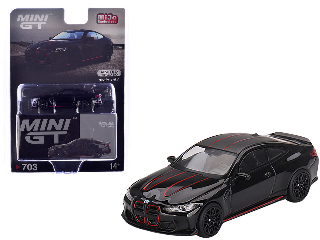 BMW M4 CSL Black Sapphire with Carbon Top and Red Stripes Limited Edition to 2760 pieces Worldwide 1/64 Diecast Model Car by Mini GT-3