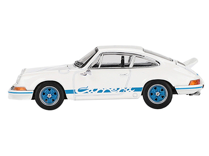 Porsche 911 Carrera RS 2.7 Grand Prix White with Blue Stripes and Wheels Limited Edition to 4800 pieces Worldwide 1/64 Diecast Model Car by Mini GT-2