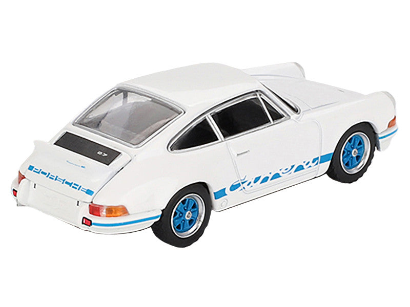 Porsche 911 Carrera RS 2.7 Grand Prix White with Blue Stripes and Wheels Limited Edition to 4800 pieces Worldwide 1/64 Diecast Model Car by Mini GT-0