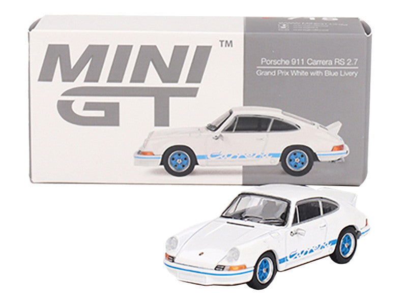 Porsche 911 Carrera RS 2.7 Grand Prix White with Blue Stripes and Wheels Limited Edition to 4800 pieces Worldwide 1/64 Diecast Model Car by Mini GT-1