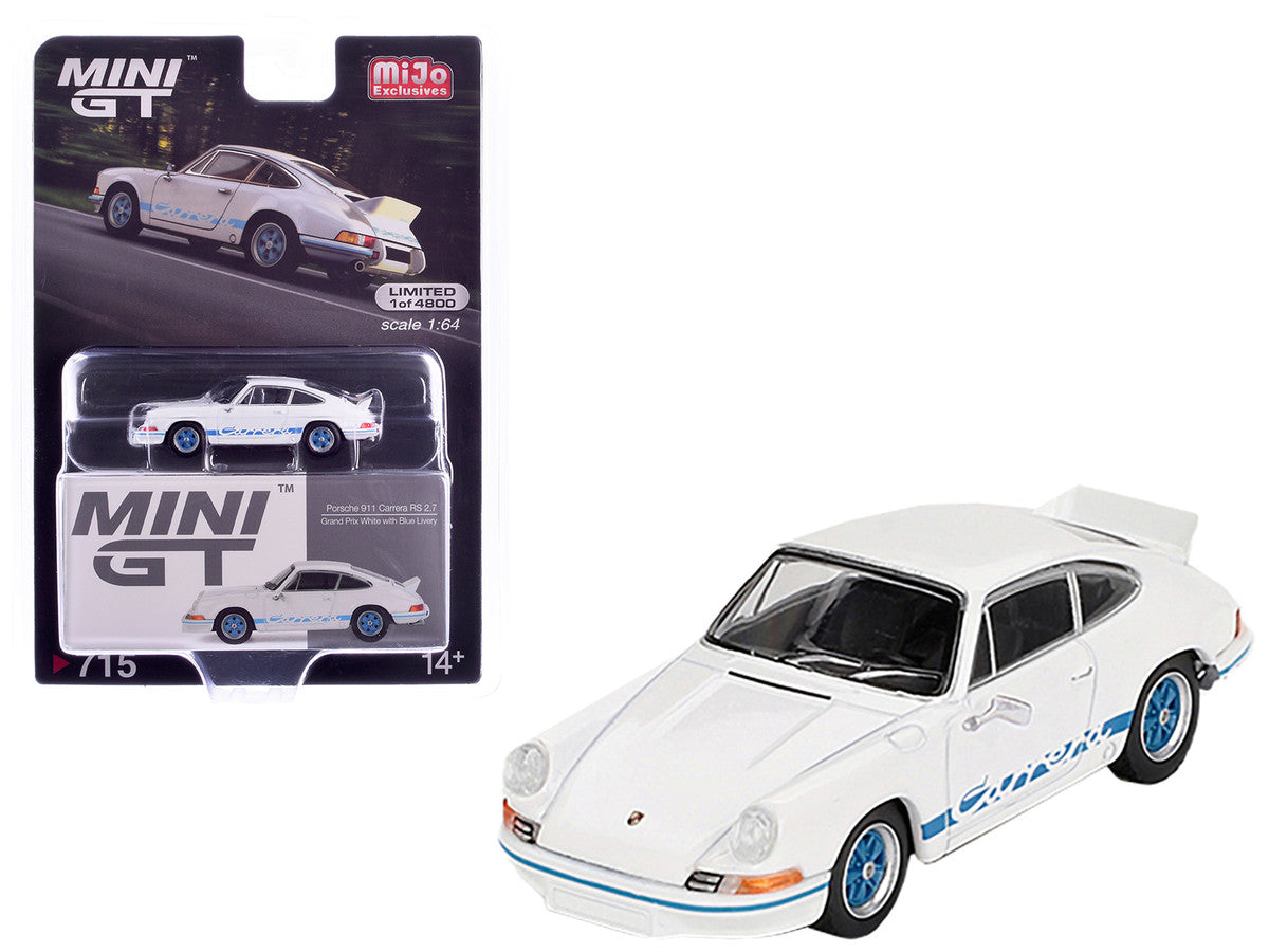 Porsche 911 Carrera RS 2.7 Grand Prix White with Blue Stripes and Wheels Limited Edition to 4800 pieces Worldwide 1/64 Diecast Model Car by Mini GT-3
