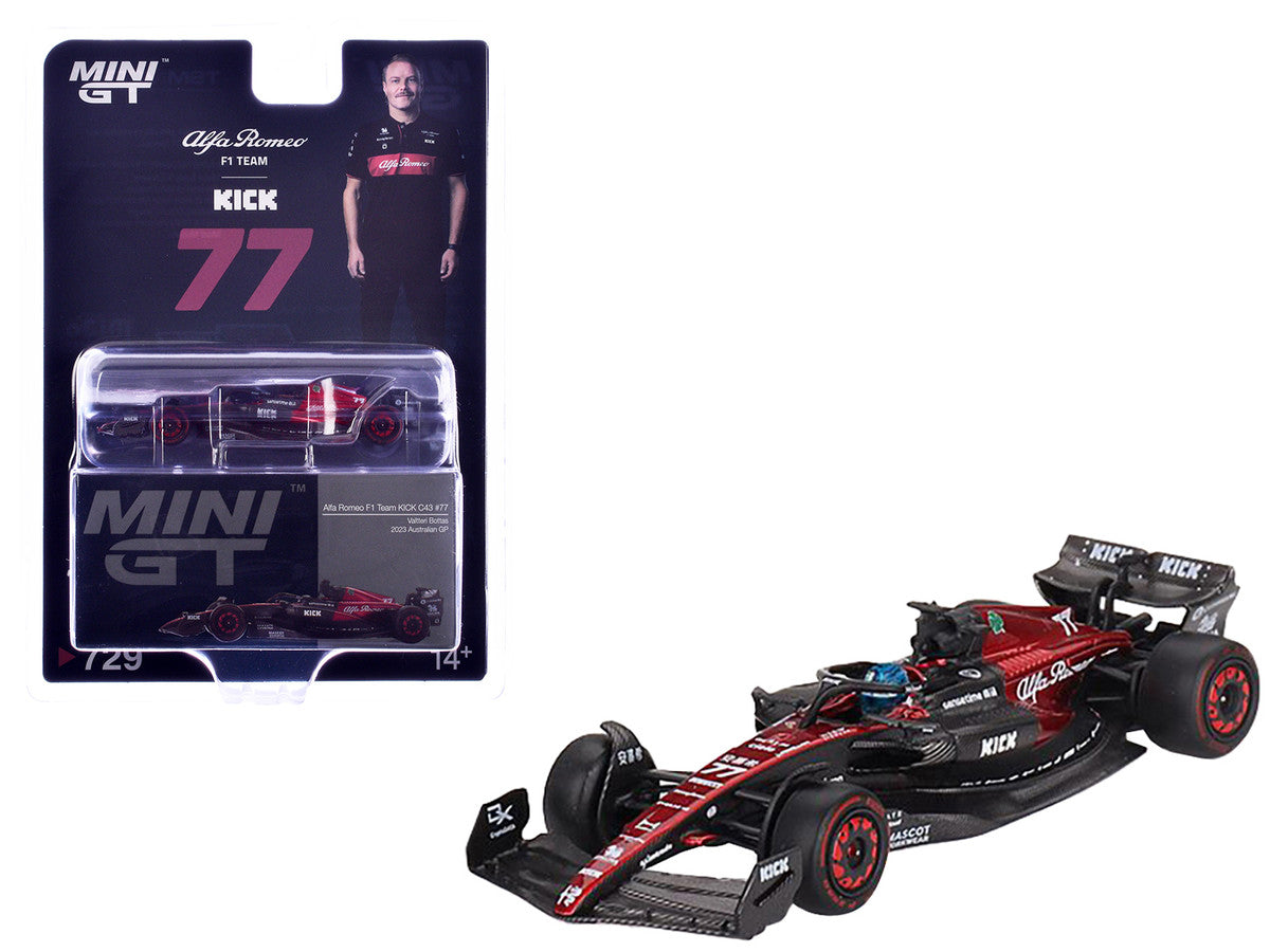 Alfa Romeo C43 #77 Valtteri Bottas "Alfa Romeo F1 Team Kick" Formula One F1 "Australian GP" (2023) Limited Edition 1/64 Diecast Model Car by Mini GT-3