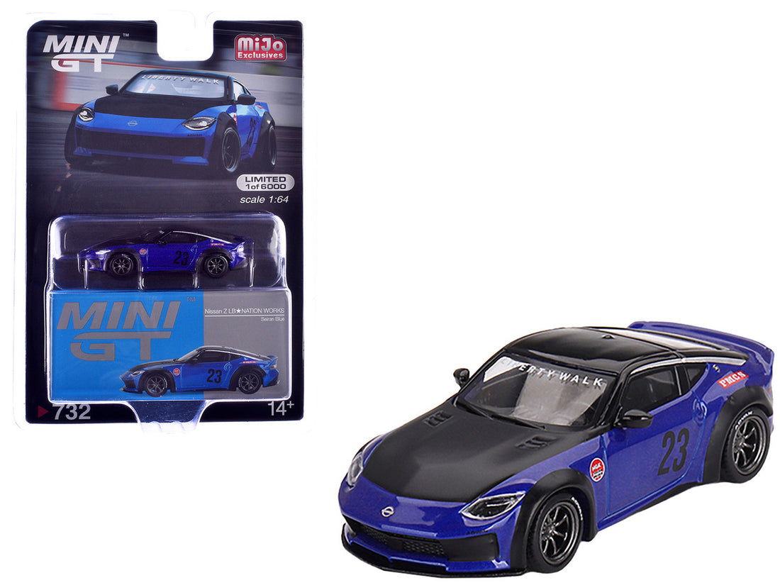 Nissan Z "LB Nation Works" #23 Seiran Blue Metallic with Black Hood and Top Limited Edition to 6000 pieces Worldwide 1/64 Diecast Model Car by Mini GT-0