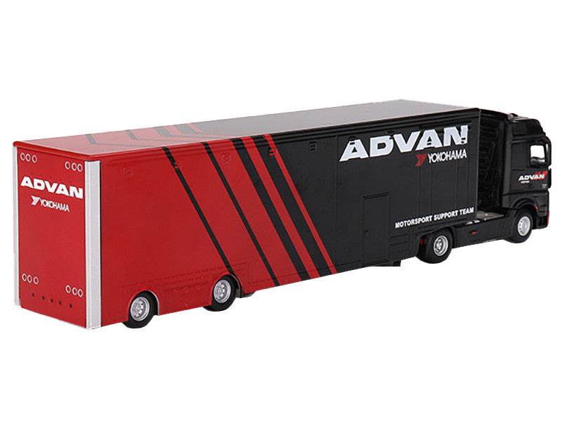 Mercedes-Benz Actros with Racing Transporter Red and Black "ADVAN" 1/64 Diecast Model Car by Mini GT-2