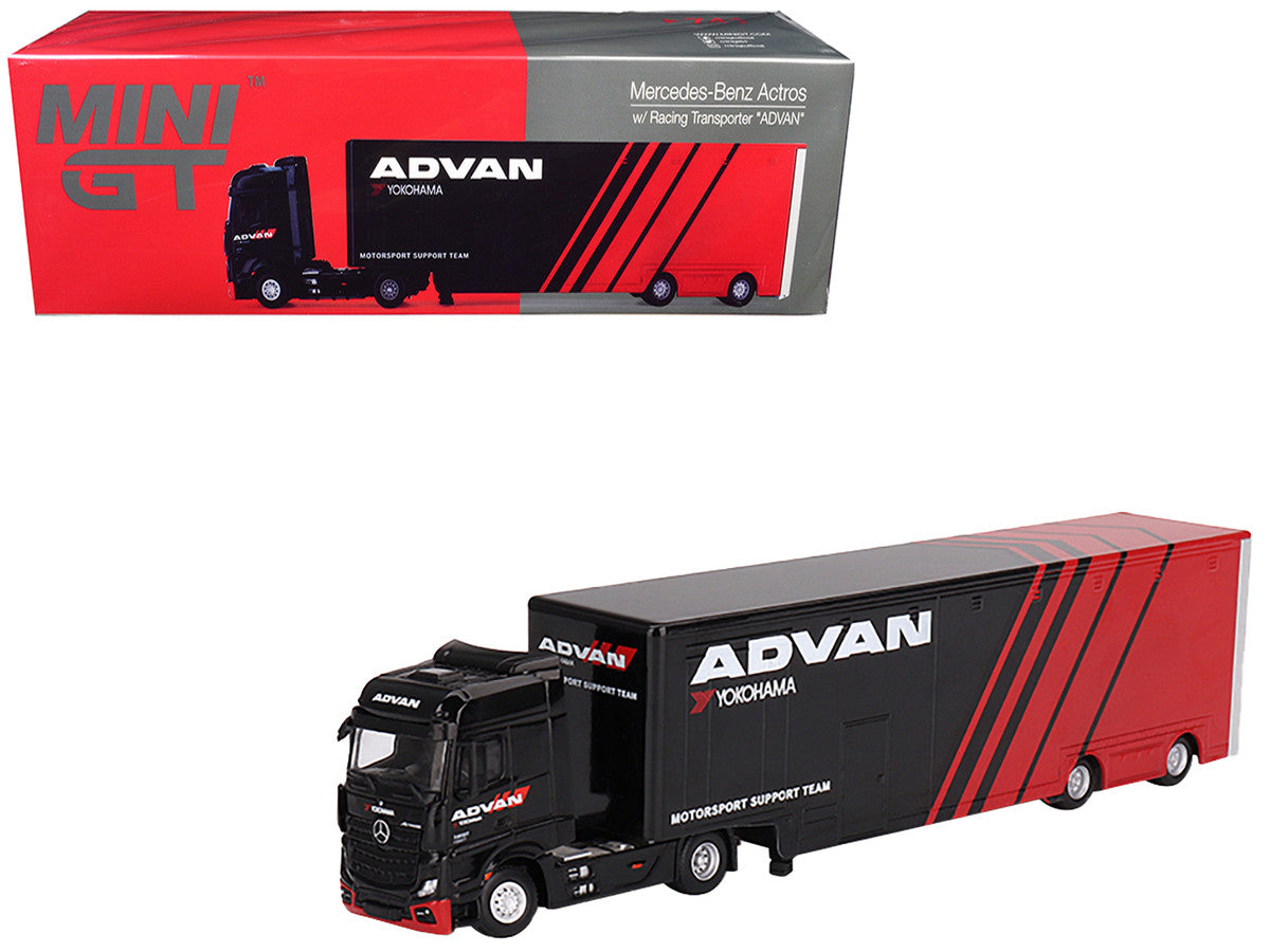 Mercedes-Benz Actros with Racing Transporter Red and Black "ADVAN" 1/64 Diecast Model Car by Mini GT-3