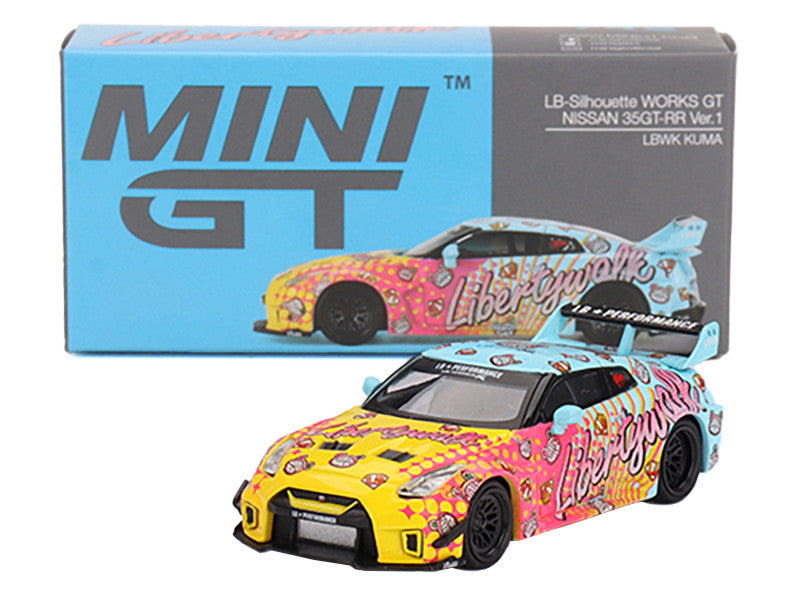 Nissan 35GT-RR Ver.1 "LB-Silhouette Works GT" Light Blue and Yellow with Graphics "LBWK KUMA" Limited Edition 1/64 Diecast Model Car by Mini GT-2