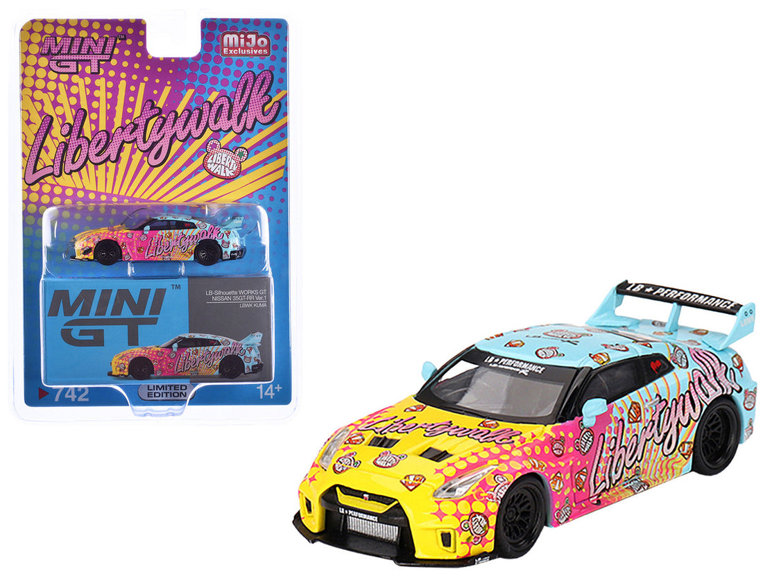 Nissan 35GT-RR Ver.1 "LB-Silhouette Works GT" Light Blue and Yellow with Graphics "LBWK KUMA" Limited Edition 1/64 Diecast Model Car by Mini GT-3