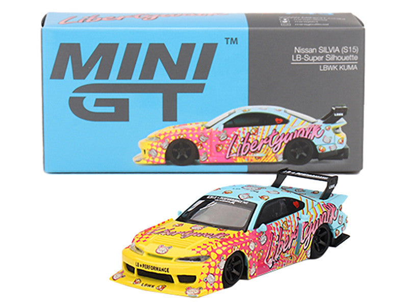 Nissan "LB-Super Silhouette" S15 SILVIA RHD (Right Hand Drive) Yellow and Blue with Pink Graphics "LBWK KUMA" Limited Edition 1/64 Diecast Model Car by Mini GT-2