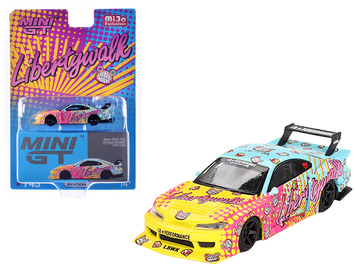 Nissan "LB-Super Silhouette" S15 SILVIA RHD (Right Hand Drive) Yellow and Blue with Pink Graphics "LBWK KUMA" Limited Edition 1/64 Diecast Model Car by Mini GT-3