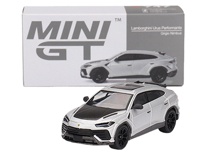 Lamborghini Urus Performante Grigio Nimbus Gray Metallic with Carbon Hood Limited Edition to 5400 pieces Worldwide 1/64 Diecast Model Car by Mini GT-1