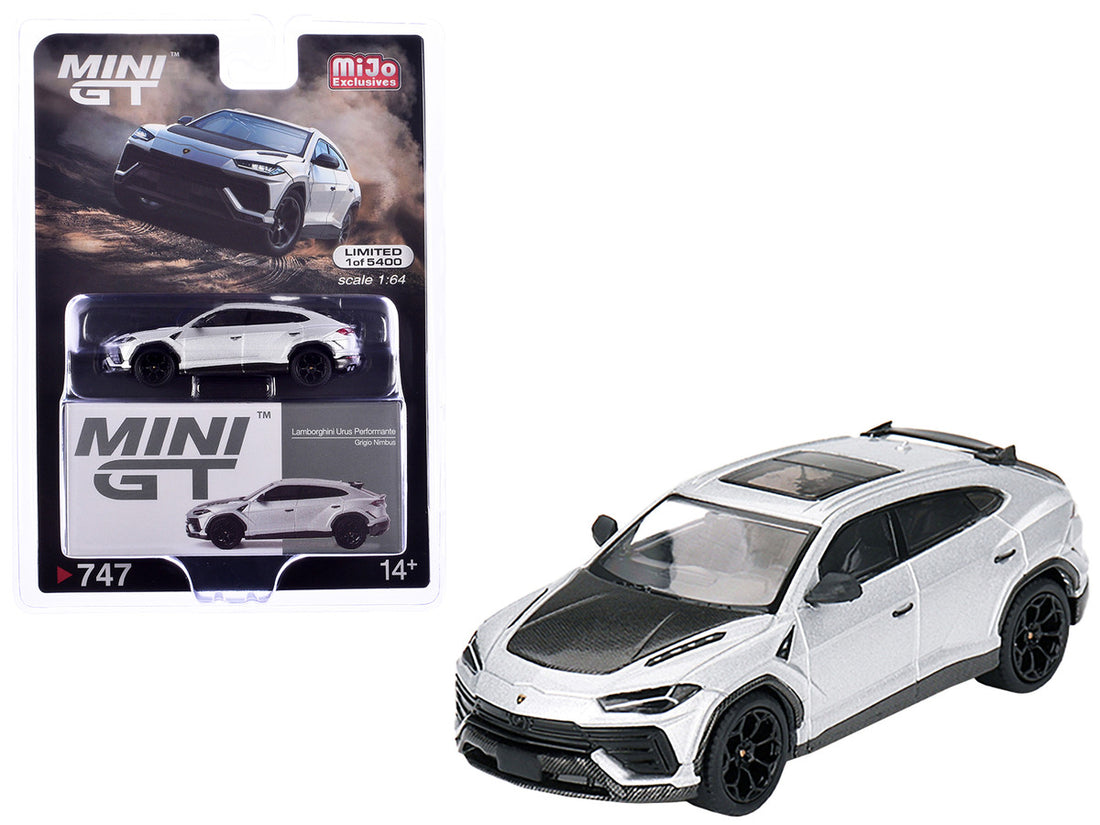 Lamborghini Urus Performante Grigio Nimbus Gray Metallic with Carbon Hood Limited Edition to 5400 pieces Worldwide 1/64 Diecast Model Car by Mini GT-3