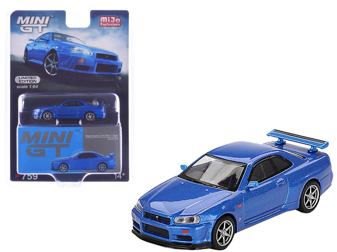 Nissan Skyline GT-R (R34) V-Spec RHD (Right Hand Drive) Bayside Blue Metallic Limited Edition 1/64 Diecast Model Car by Mini GT-3