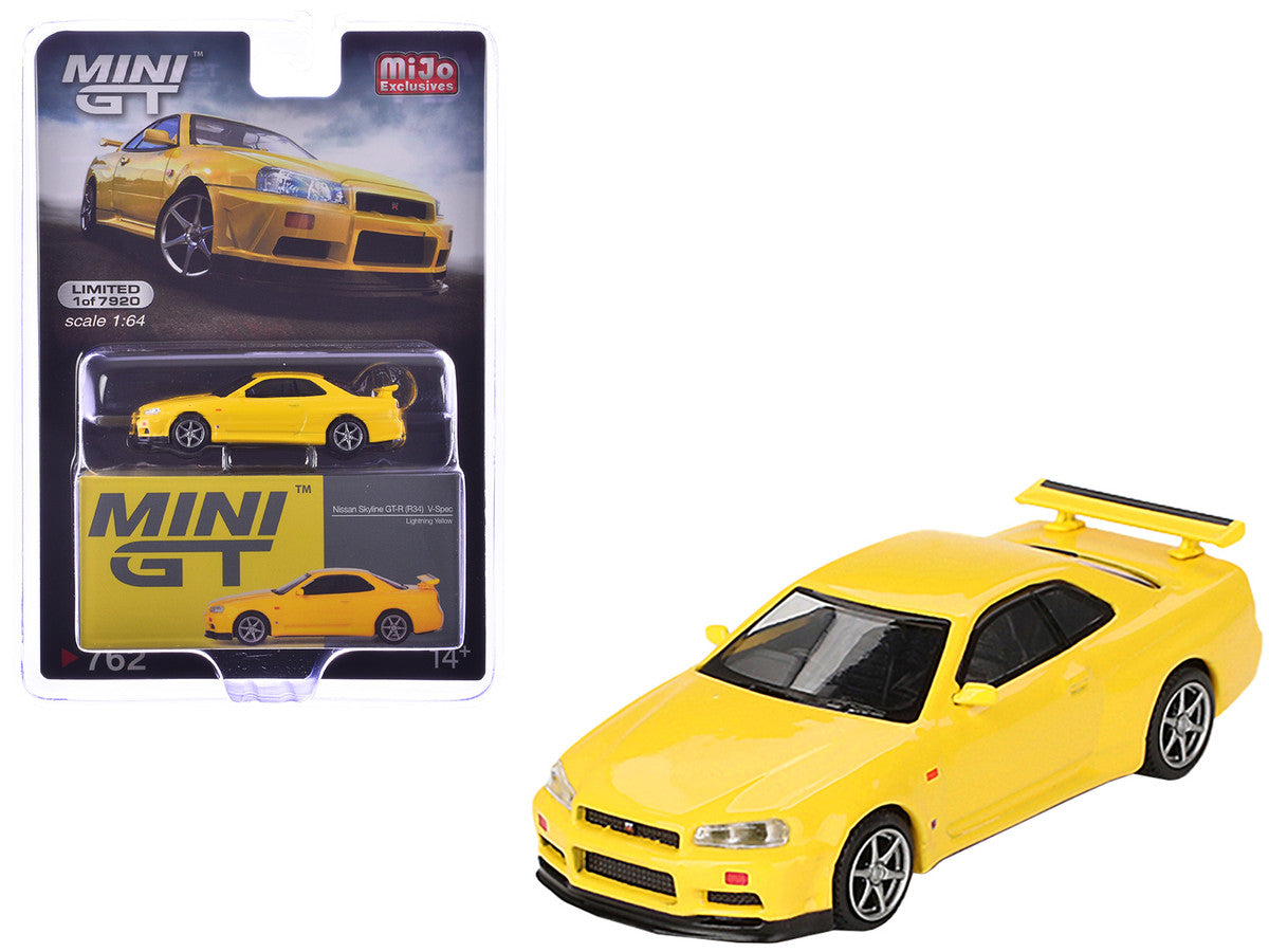 Nissan Skyline GT-R (R34) V-Spec RHD (Right Hand Drive) Lightning Yellow Limited Edition to 7920 pieces Worldwide 1/64 Diecast Model Car by Mini GT-3