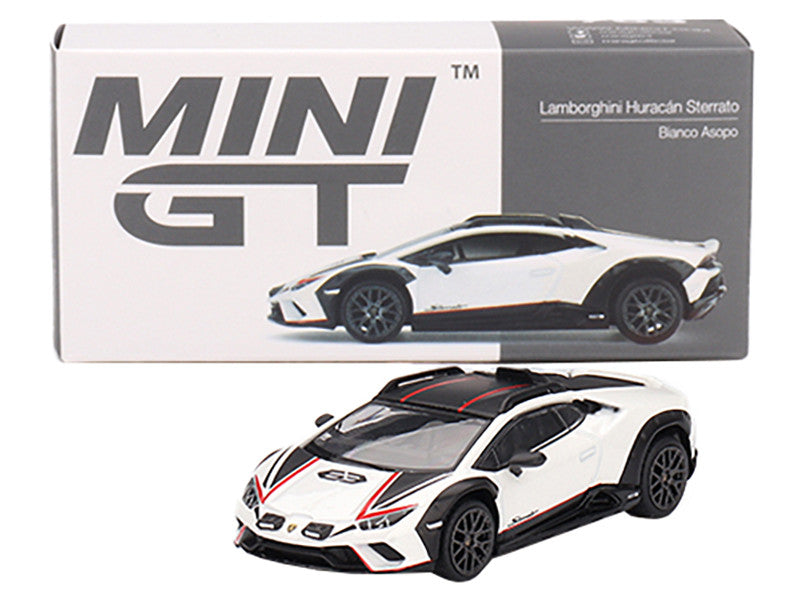 Lamborghini Huracan Sterrato Bianco Asopo White Metallic with Red Stripes and Matt Black Top Limited Edition to 7680 pieces Worldwide 1/64 Diecast Model Car by Mini GT-3