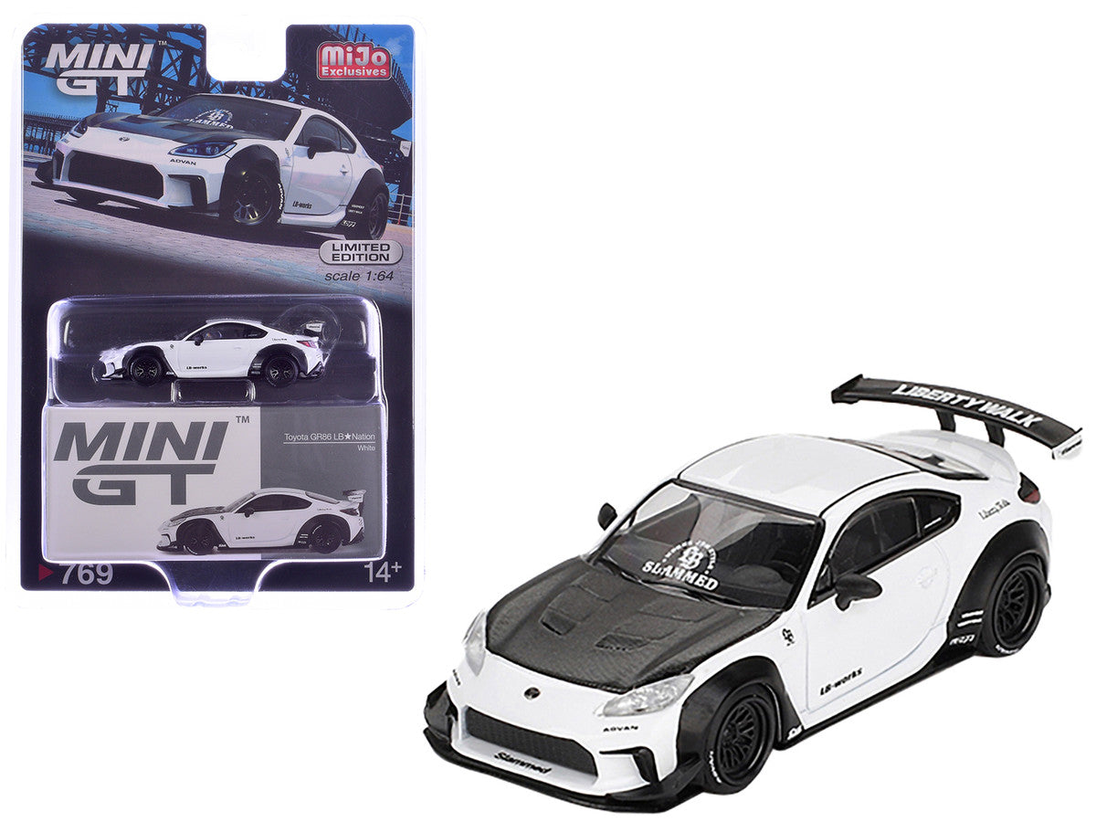 Toyota GR86 "LB-Nation - Liberty Walk" White with Carbon Hood Limited Edition 1/64 Diecast Model Car by Mini GT-3