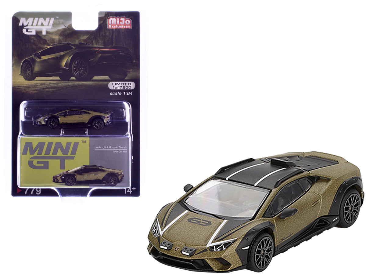 Lamborghini Huracan Sterrato Verde Gea Matt Green Metallic with Black Tio and White Stripes Limited Edition to 7200 pieces Worldwide 1/64 Diecast Model Car by Mini GT-3