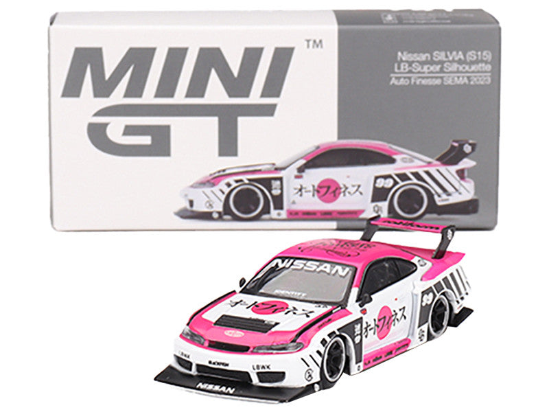 Nissan "LB-Super Silhouette" S15 SILVIA RHD (Right Hand Drive) #99 "Auto Finesse - SEMA 2023" White and Pink Limited Edition 1/64 Diecast Model Car by Mini GT-1