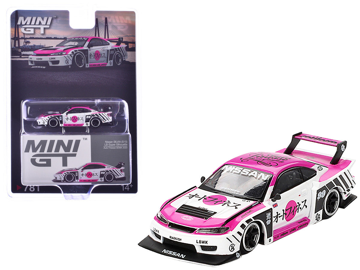 Nissan "LB-Super Silhouette" S15 SILVIA RHD (Right Hand Drive) #99 "Auto Finesse - SEMA 2023" White and Pink Limited Edition 1/64 Diecast Model Car by Mini GT-3