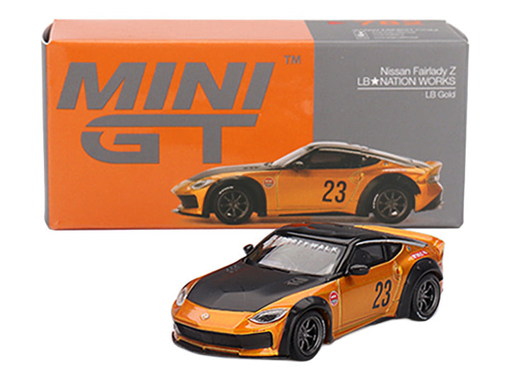 Nissan Fairlady Z #23 "LB-NATION WORKS" LB Gold Metallic with Matt Black Hood and Black Top Limited Edition 1/64 Diecast Model Car by Mini GT-1