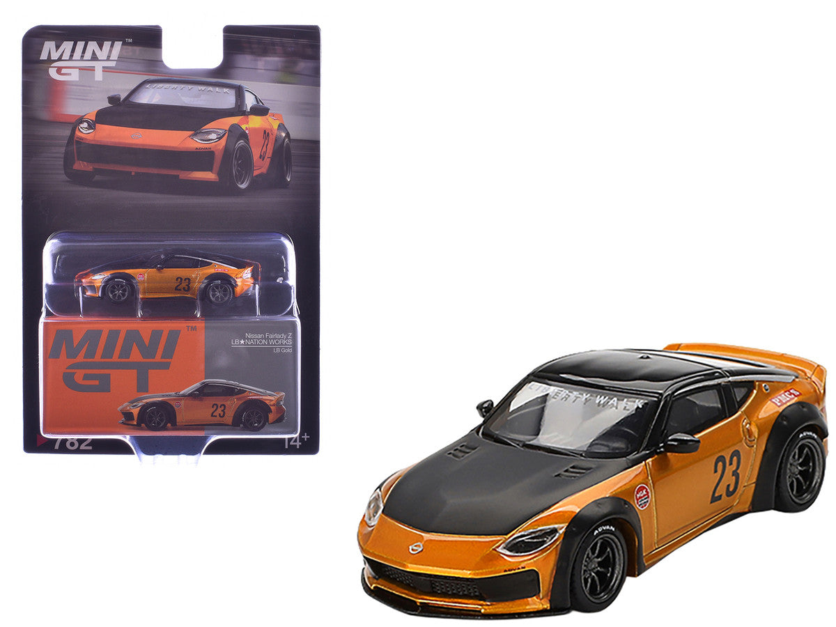 Nissan Fairlady Z #23 "LB-NATION WORKS" LB Gold Metallic with Matt Black Hood and Black Top Limited Edition 1/64 Diecast Model Car by Mini GT-3