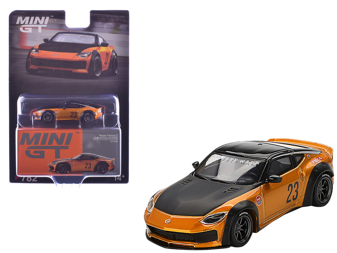Nissan Fairlady Z #23 "LB-NATION WORKS" LB Gold Metallic with Matt Black Hood and Black Top Limited Edition 1/64 Diecast Model Car by Mini GT-3