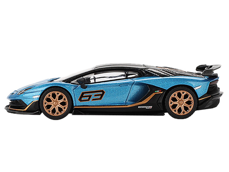 Lamborghini Aventador SVJ 63 Blu Aegir Blue Metallic with Carbon Top Limited Edition 1/64 Diecast Model Car by Mini GT-1