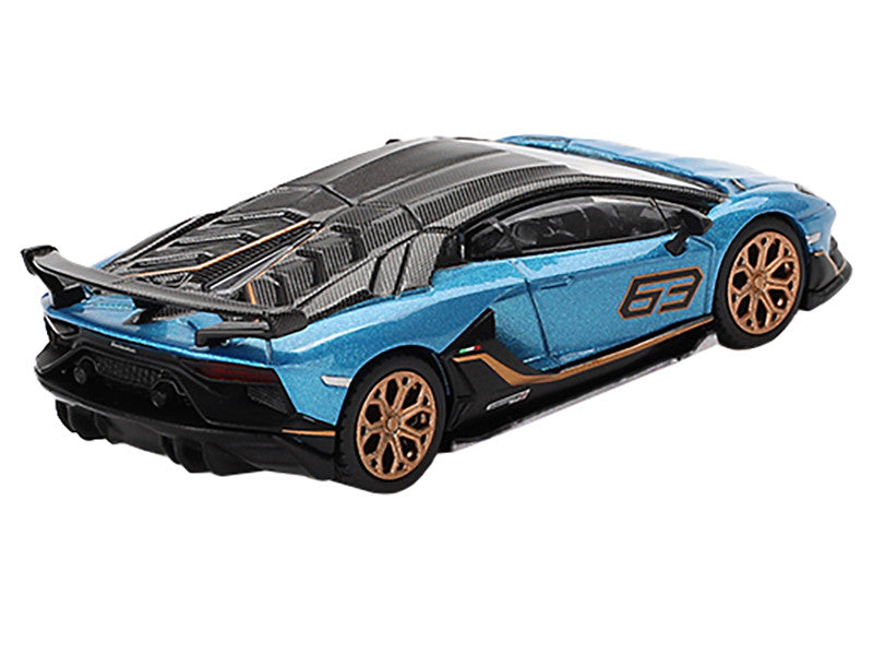 Lamborghini Aventador SVJ 63 Blu Aegir Blue Metallic with Carbon Top Limited Edition 1/64 Diecast Model Car by Mini GT-0