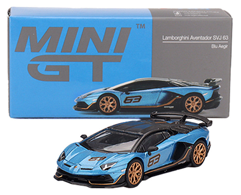 Lamborghini Aventador SVJ 63 Blu Aegir Blue Metallic with Carbon Top Limited Edition 1/64 Diecast Model Car by Mini GT-2