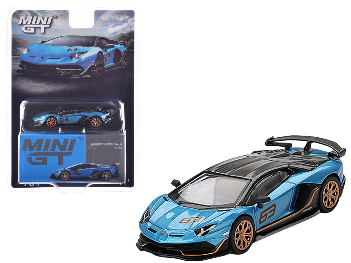 Lamborghini Aventador SVJ 63 Blu Aegir Blue Metallic with Carbon Top Limited Edition 1/64 Diecast Model Car by Mini GT-3