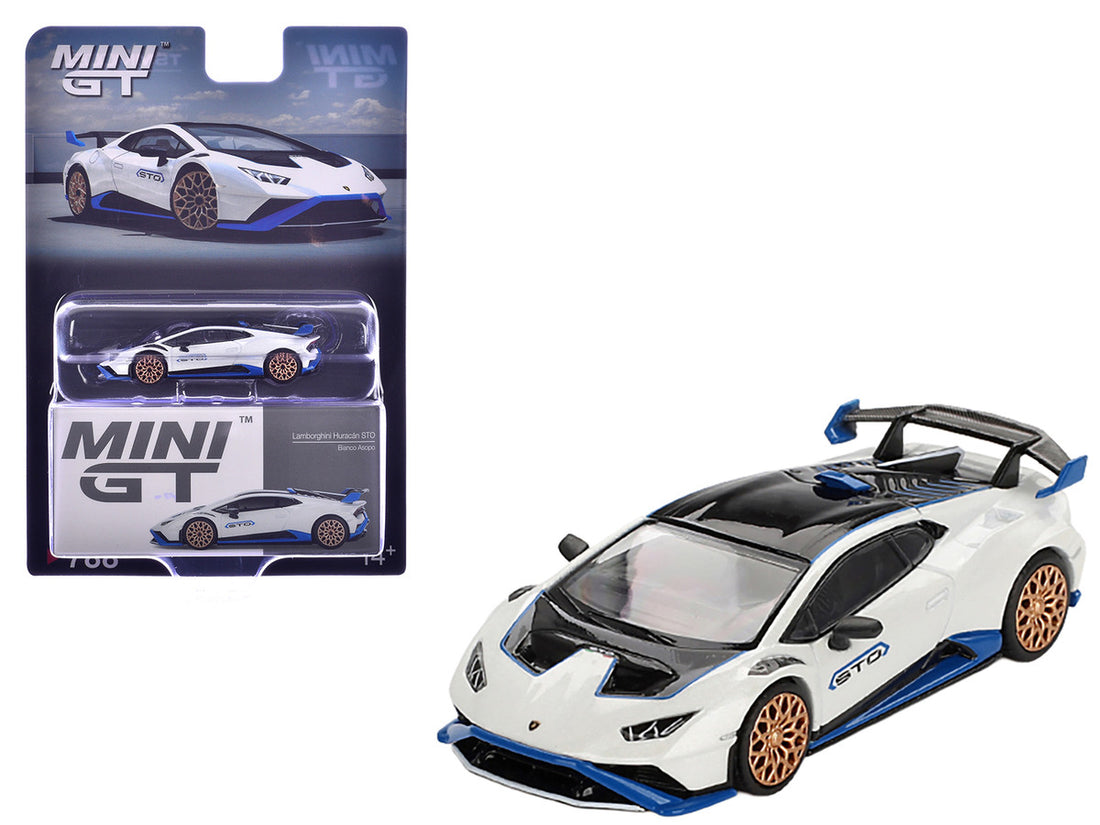 Lamborghini Huracan STO Bianco Asopo White with Black Top and Blue Accents Limited Edition 1/64 Diecast Model Car by Mini GT-2