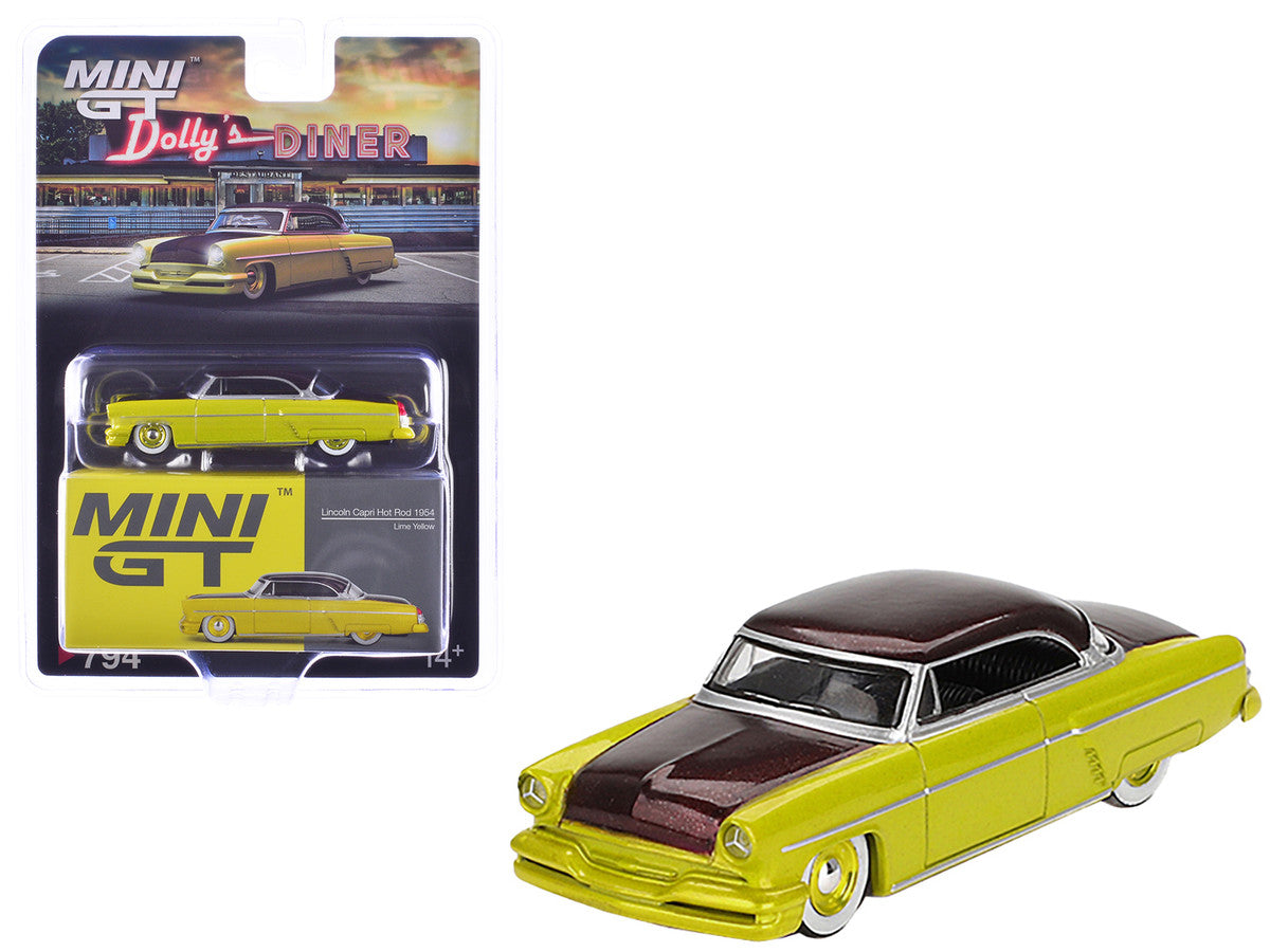 1954 Lincoln Capri Hot Rod Lime Yellow Metallic and Brown Metallic Limited Edition 1/64 Diecast Model Car by Mini GT-3