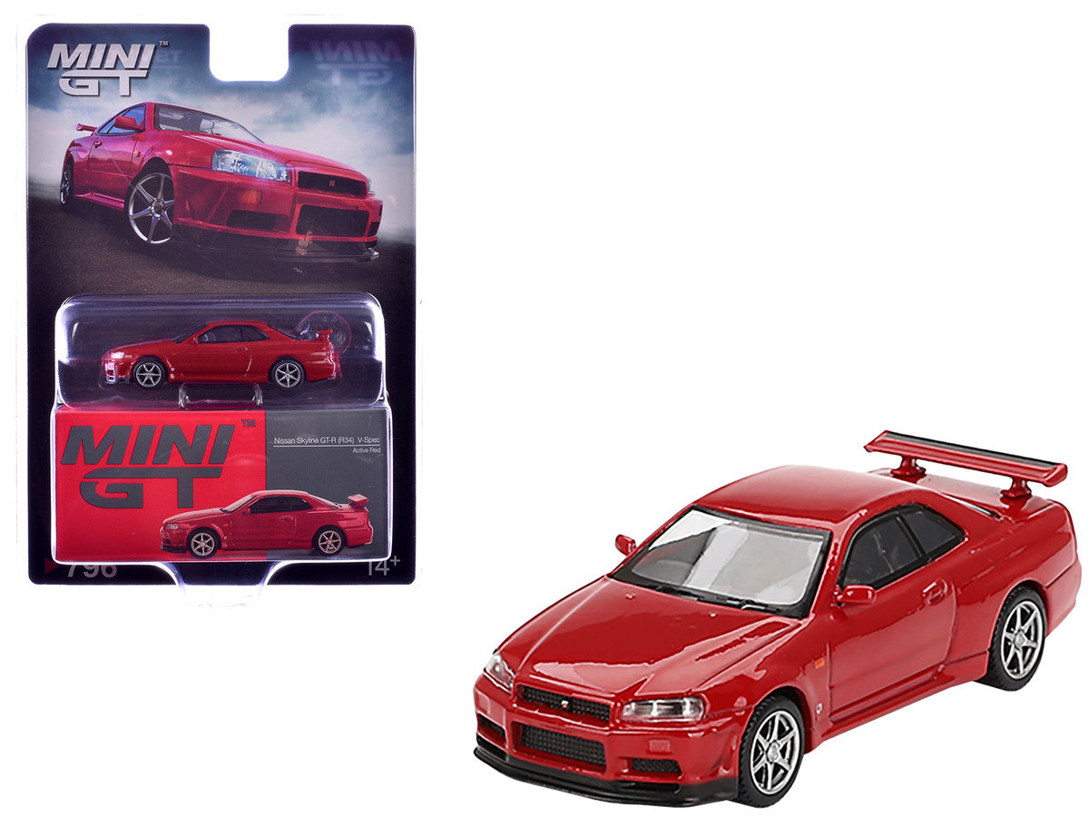 Nissan Skyline GT-R (R34) V-Spec RHD (Right Hand Drive) Active Red Limited Edition 1/64 Diecast Model Car by Mini GT-2