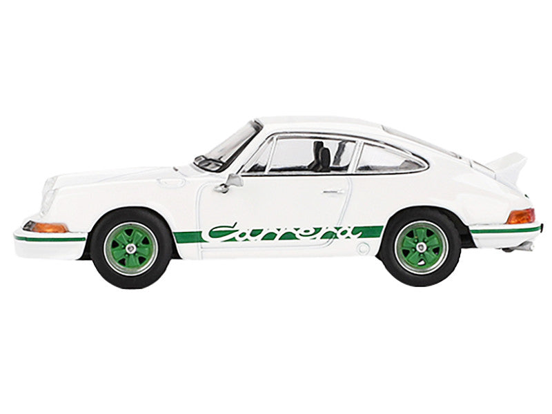 Porsche 911 Carrera RS 2.7 Grand Prix White with Green Stripes and Wheels Limited Edition 1/64 Diecast Model Car by Mini GT-0