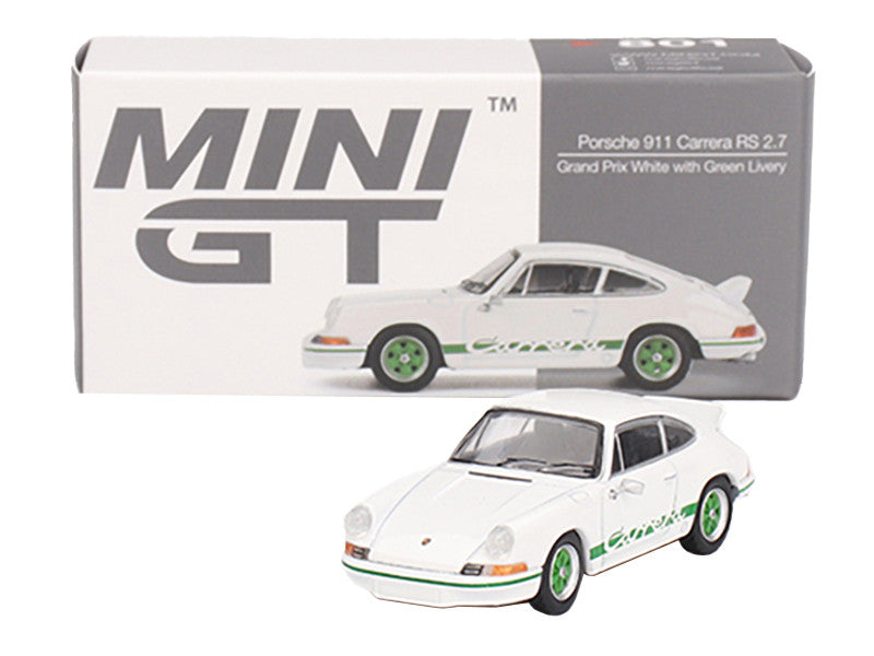 Porsche 911 Carrera RS 2.7 Grand Prix White with Green Stripes and Wheels Limited Edition 1/64 Diecast Model Car by Mini GT-1