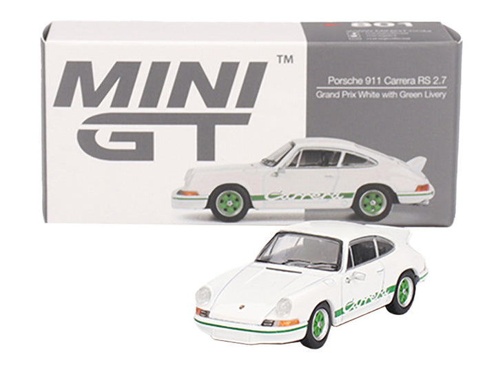 Porsche 911 Carrera RS 2.7 Grand Prix White with Green Stripes and Wheels Limited Edition 1/64 Diecast Model Car by Mini GT-1