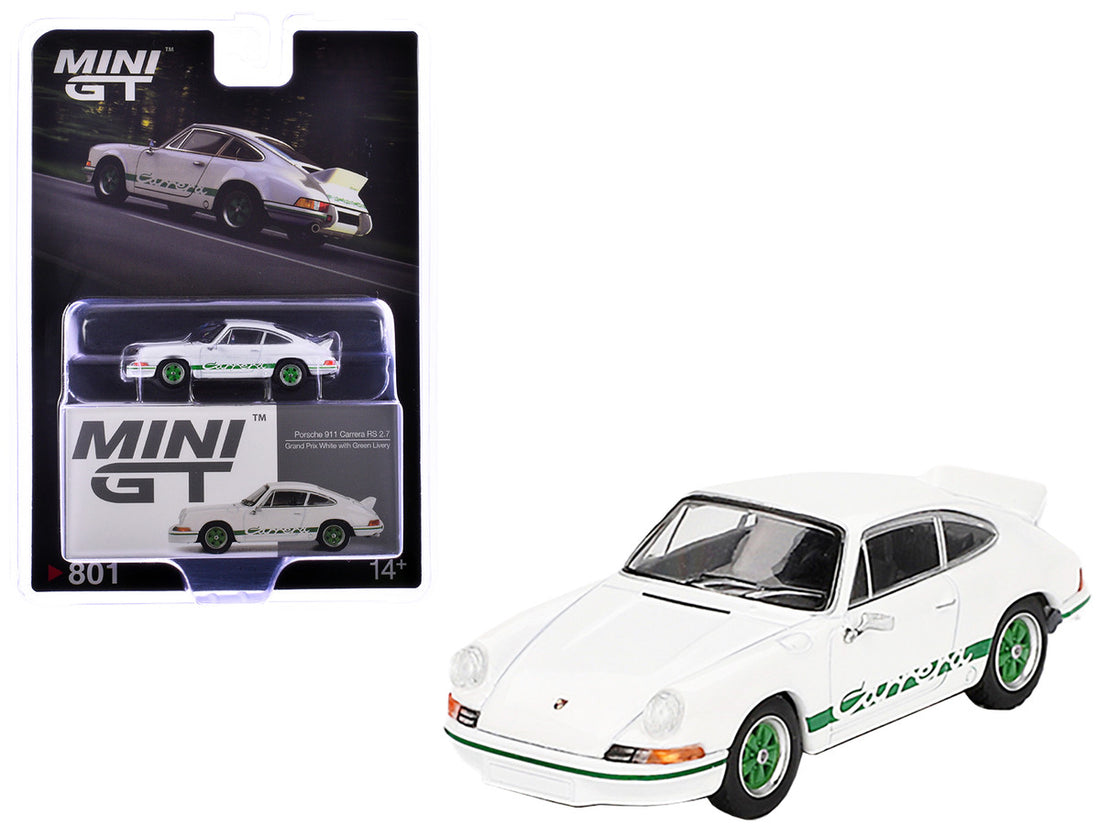 Porsche 911 Carrera RS 2.7 Grand Prix White with Green Stripes and Wheels Limited Edition 1/64 Diecast Model Car by Mini GT-3